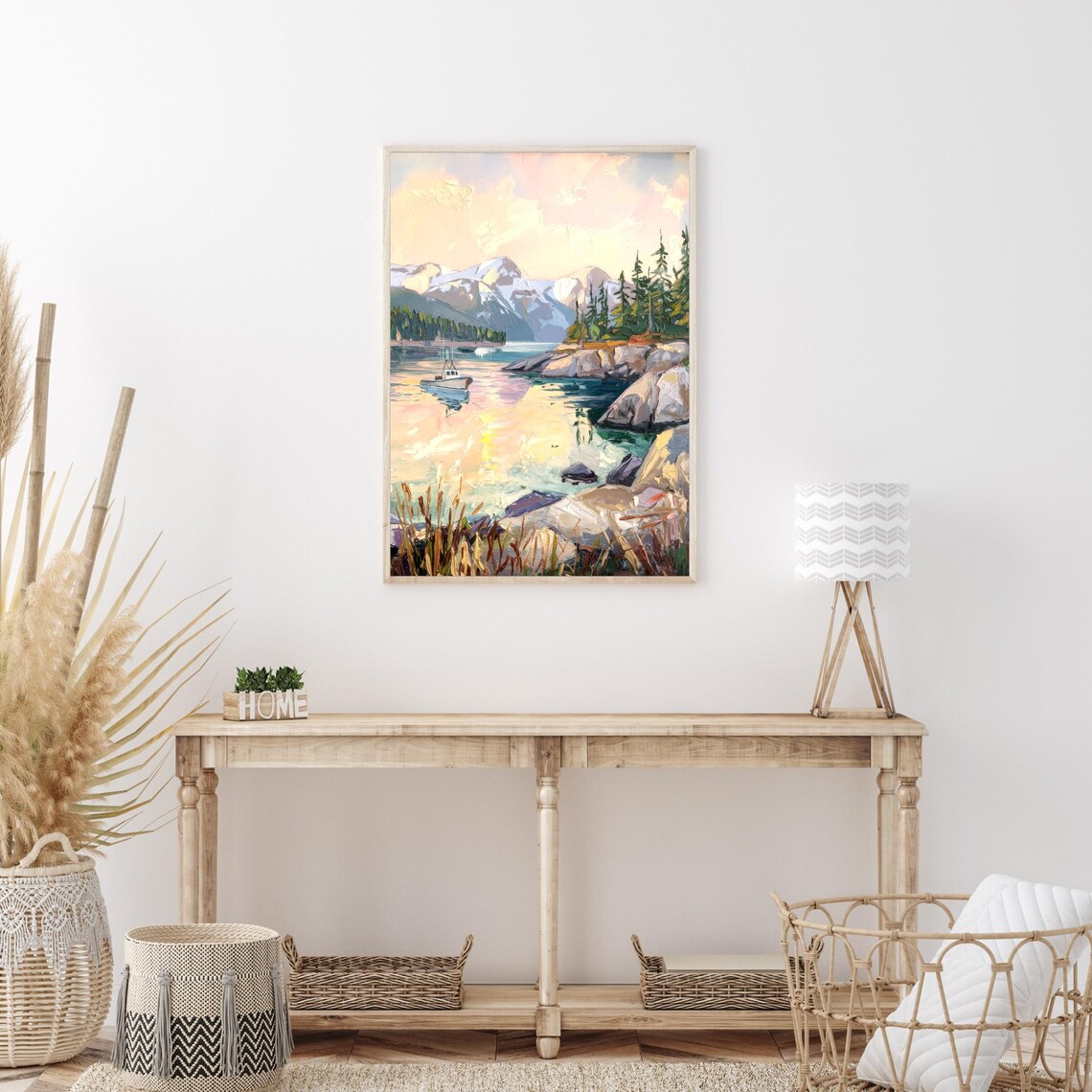 Sitka Alaska Coastal Sunset Fishing Boat Mountain Lake Painting Poster - Image 3