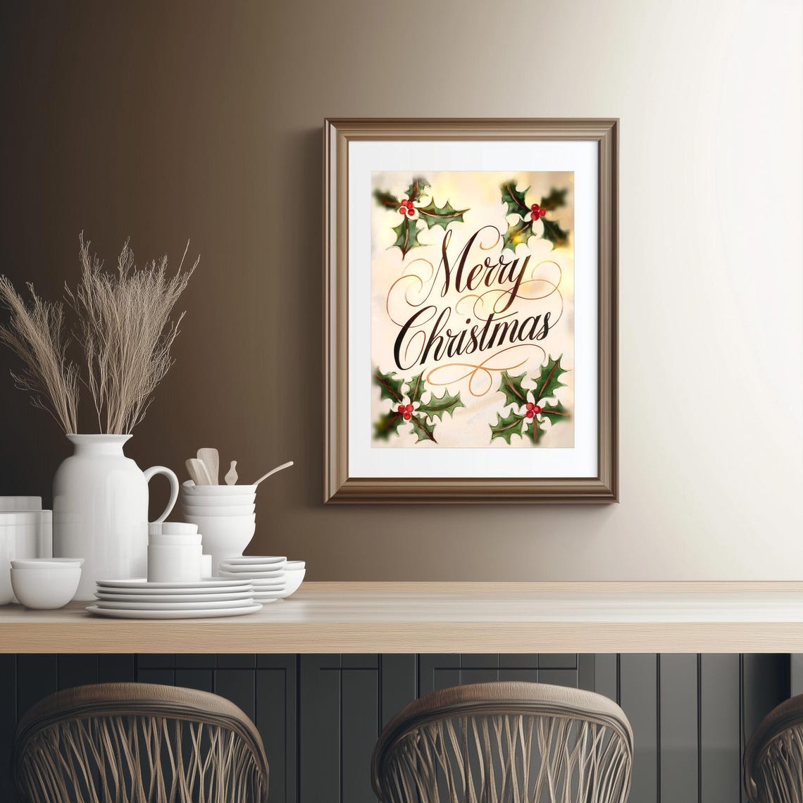 Merry Christmas Calligraphy Holly Berries Watercolor Holiday Poster - Image 2