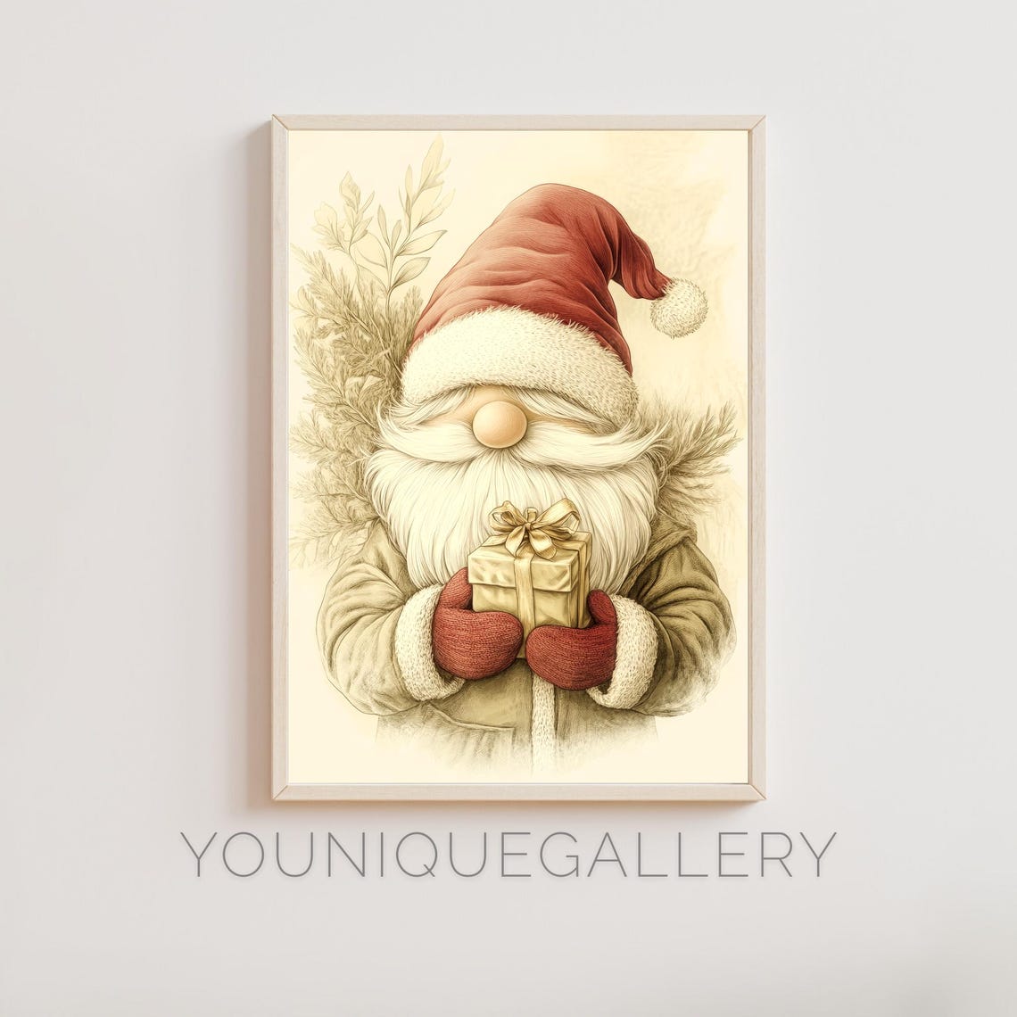 Vintage Christmas Gnome Holding Gift Festive Holiday Art Poster