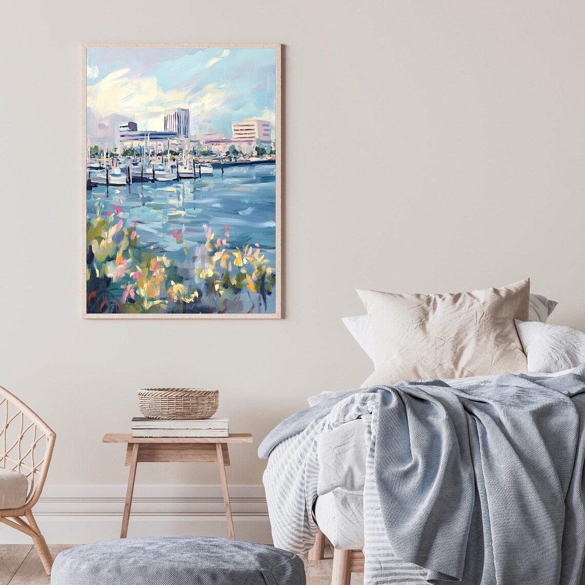 Marina Sailboats Waterfront Wildflowers Impressionist Oil Wall Art - Image 2