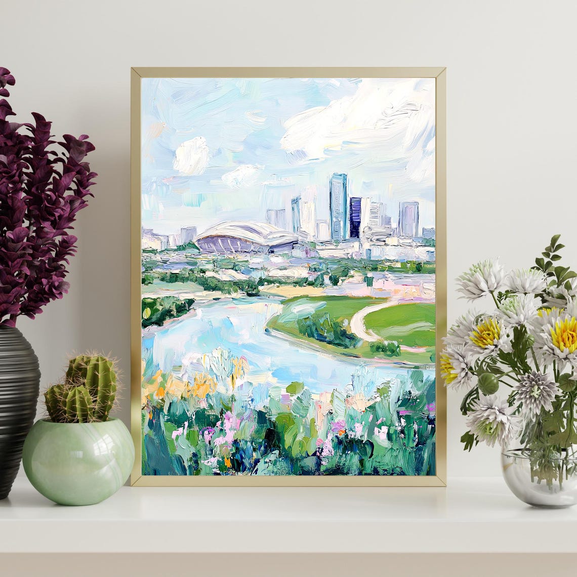 City Skyline River Impressionist Wildflower Meadow Oil Wall Art - Image 4