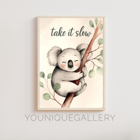 Take It Slow Cute Smiling Koala Watercolor Inspirational Poster