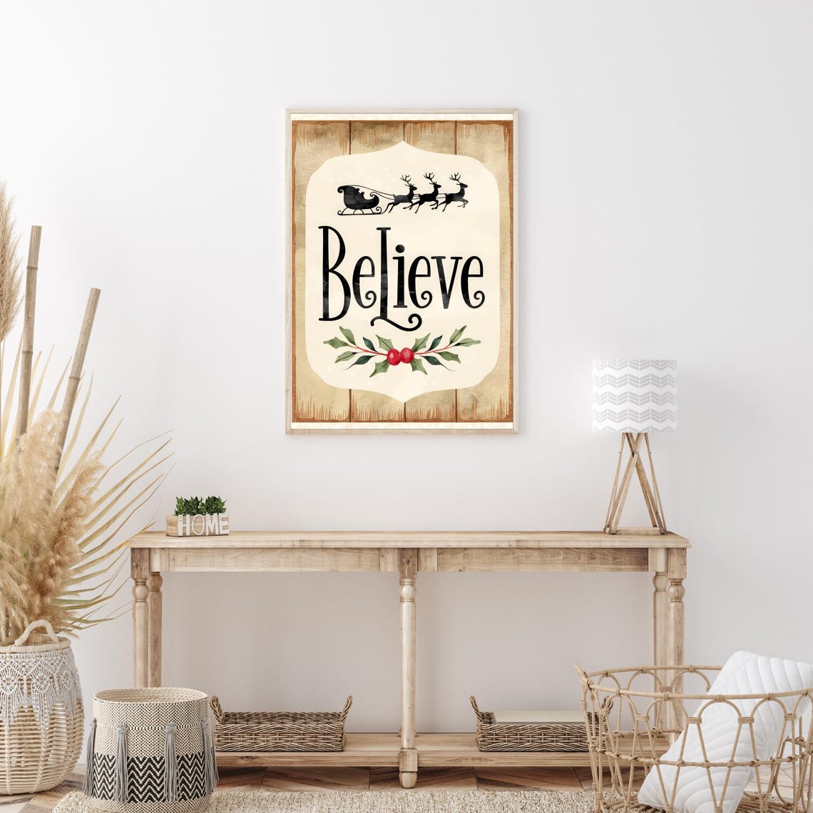 Believe Christmas Sign Santa Sleigh Vintage Holiday Art Poster - Image 4