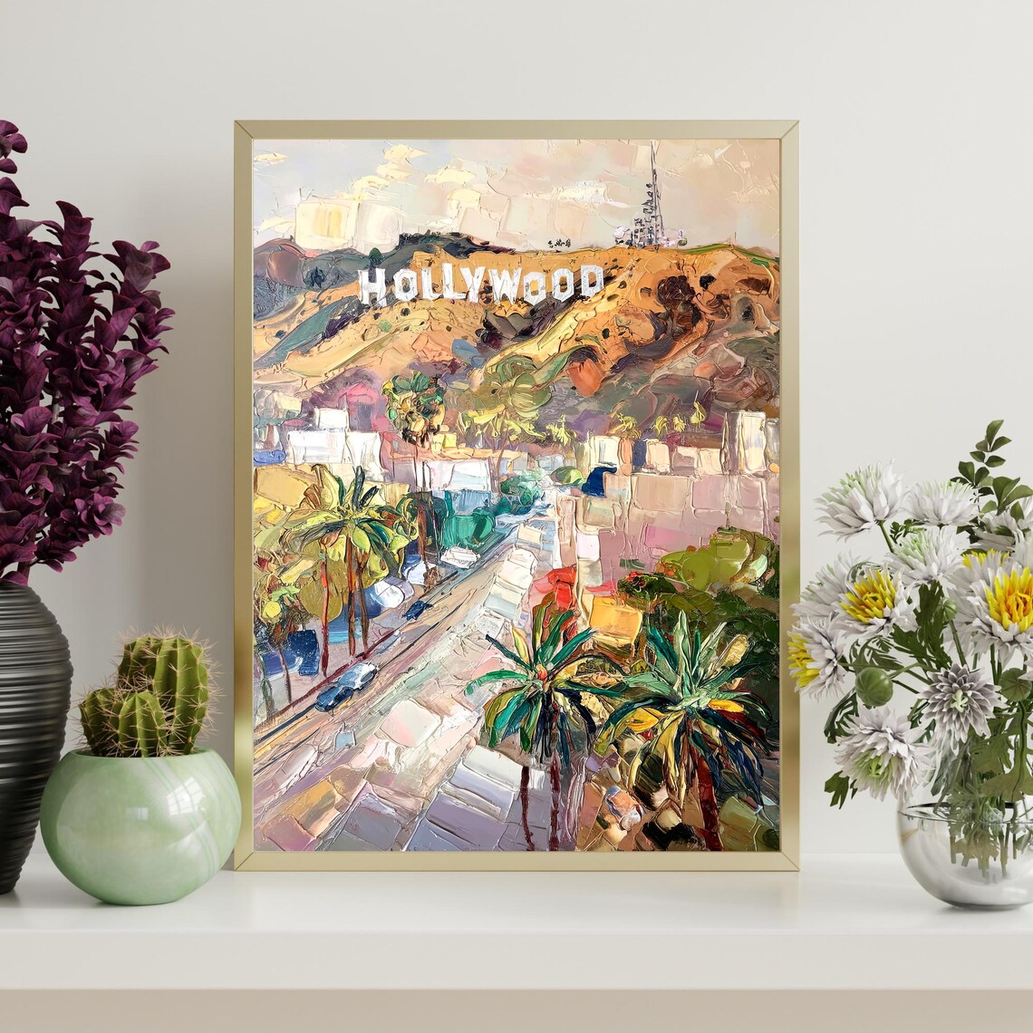 Hollywood Sign Hills Palm Trees Colorful City View Oil Painting Poster - Image 4