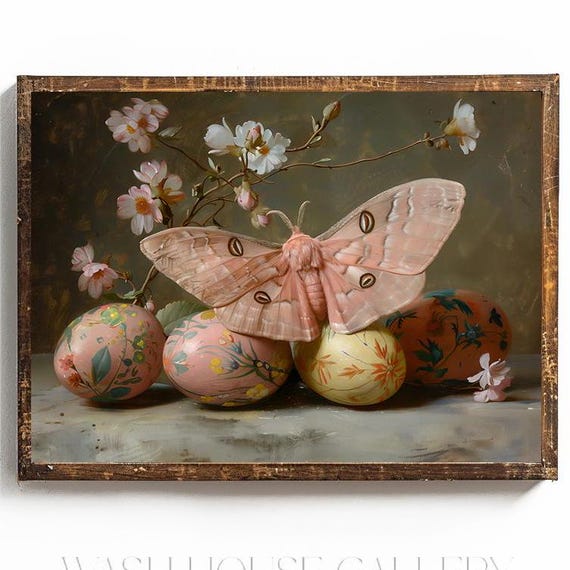 Cottagecore Easter Wall Art Vintage Easter Easter Egg Painting Vintage Moth Wall Decor For Easter Pink Easter Art Pink Moth Print
