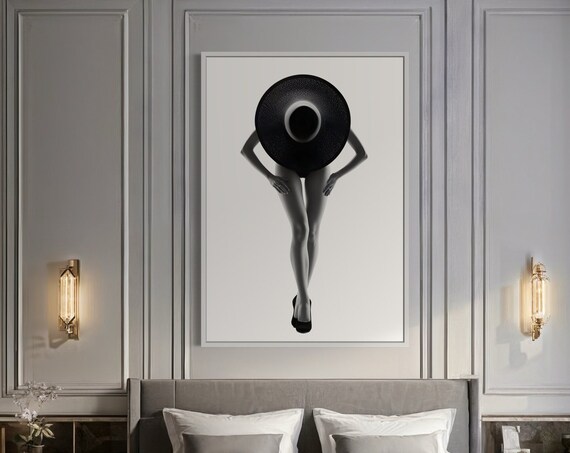 Canvas Painting Minimalist Erotic Art Black Hat Nude Elegant Sensual Print Monochrome Decor Stylish Wall