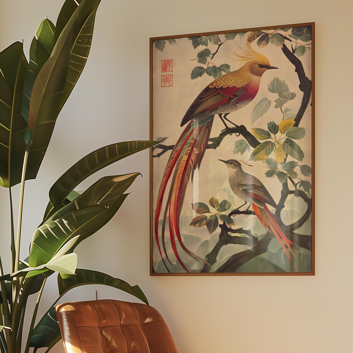 Vintage Japanese Long Tailed Birds Asian Botanical Art Poster