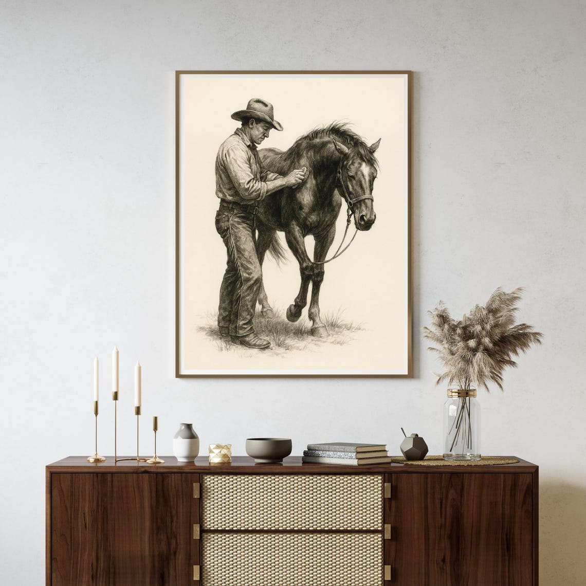 Western Cowboy Grooming Horse Sketch, Vintage Art - Image 5