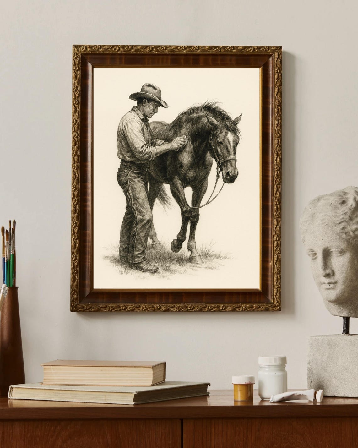 Western Cowboy Grooming Horse Sketch, Vintage Art