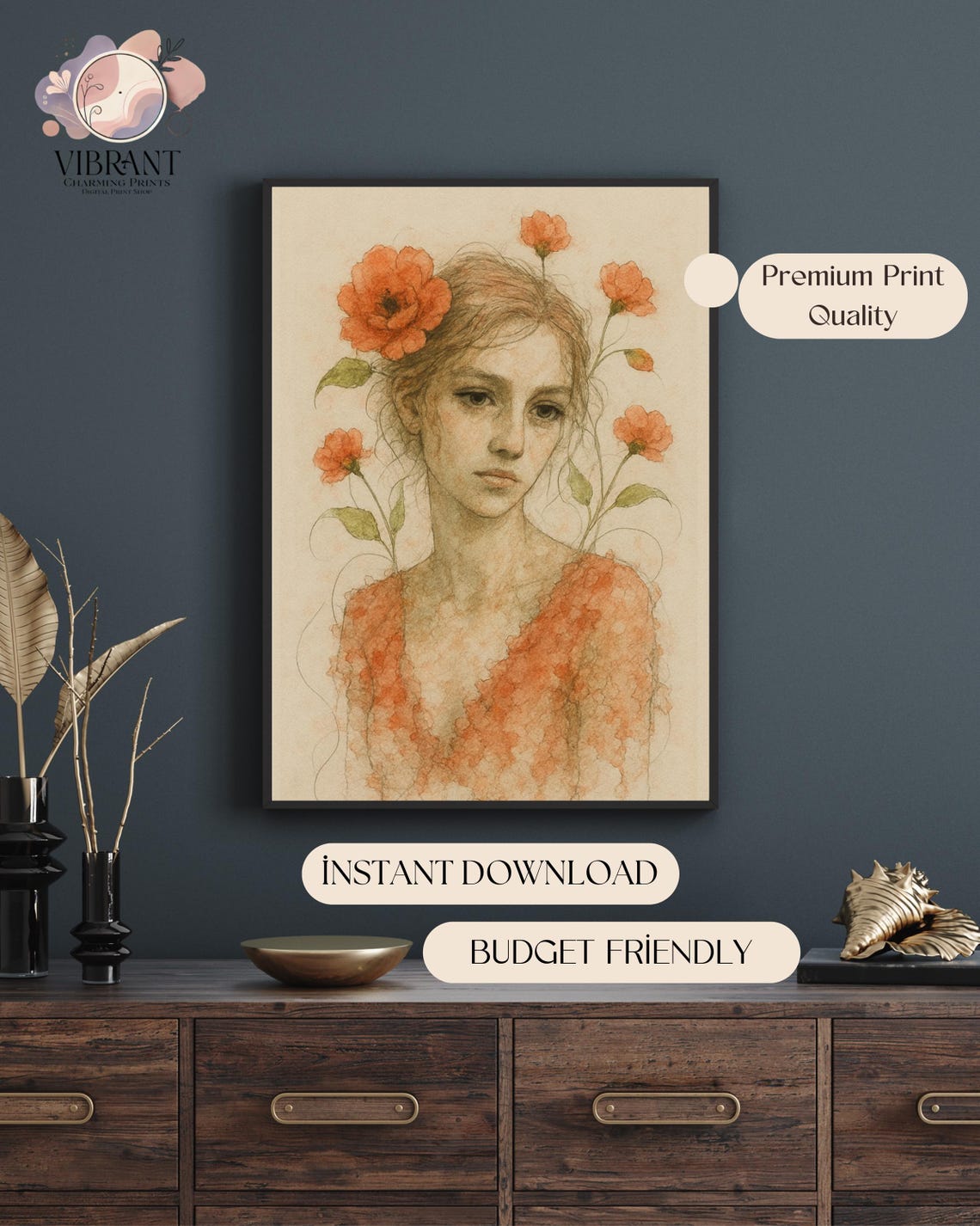 Poppy Flower Woman Portrait, Renaissance Style - Image 5