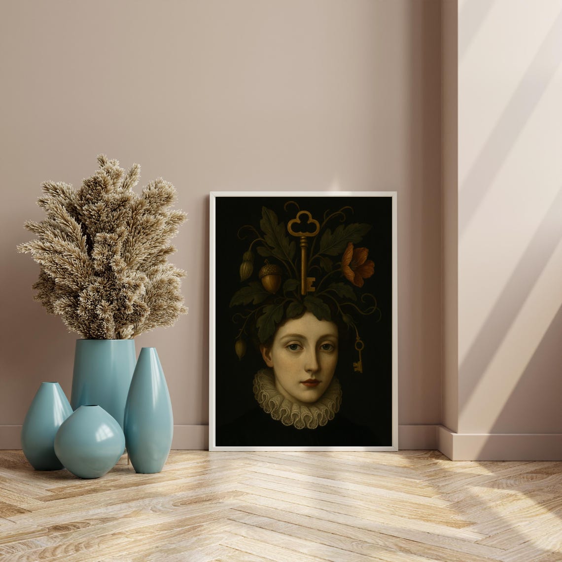 Surreal Woman Portrait - Vintage Keys, Botanical Headpiece - Image 4