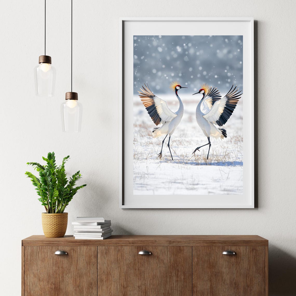 Dancing Cranes In Snow, Japanese Minimalist Zen Art