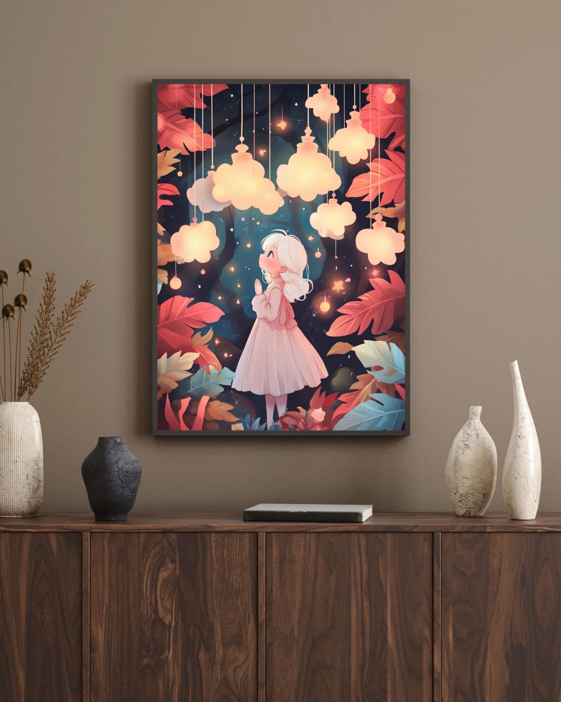 Dreamy Cloud Girl, Whimsical Night Sky Art Print - Image 3
