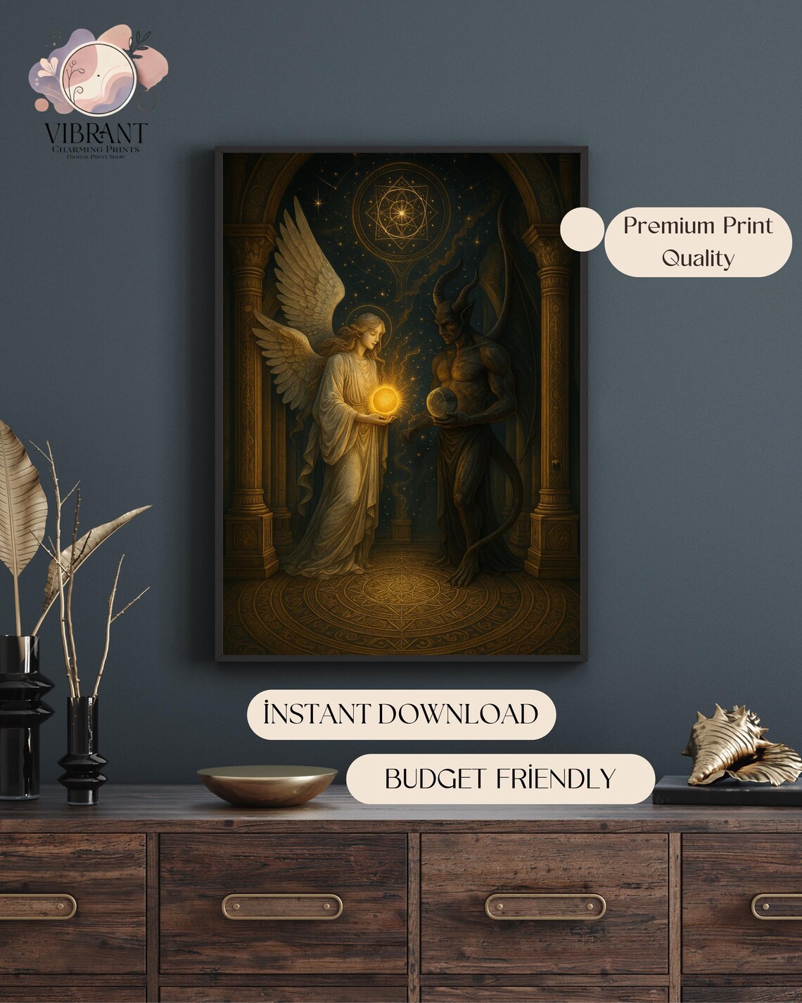 Angel And Demon Fantasy, Mystical Light And Dark Balance Art Print - Image 5