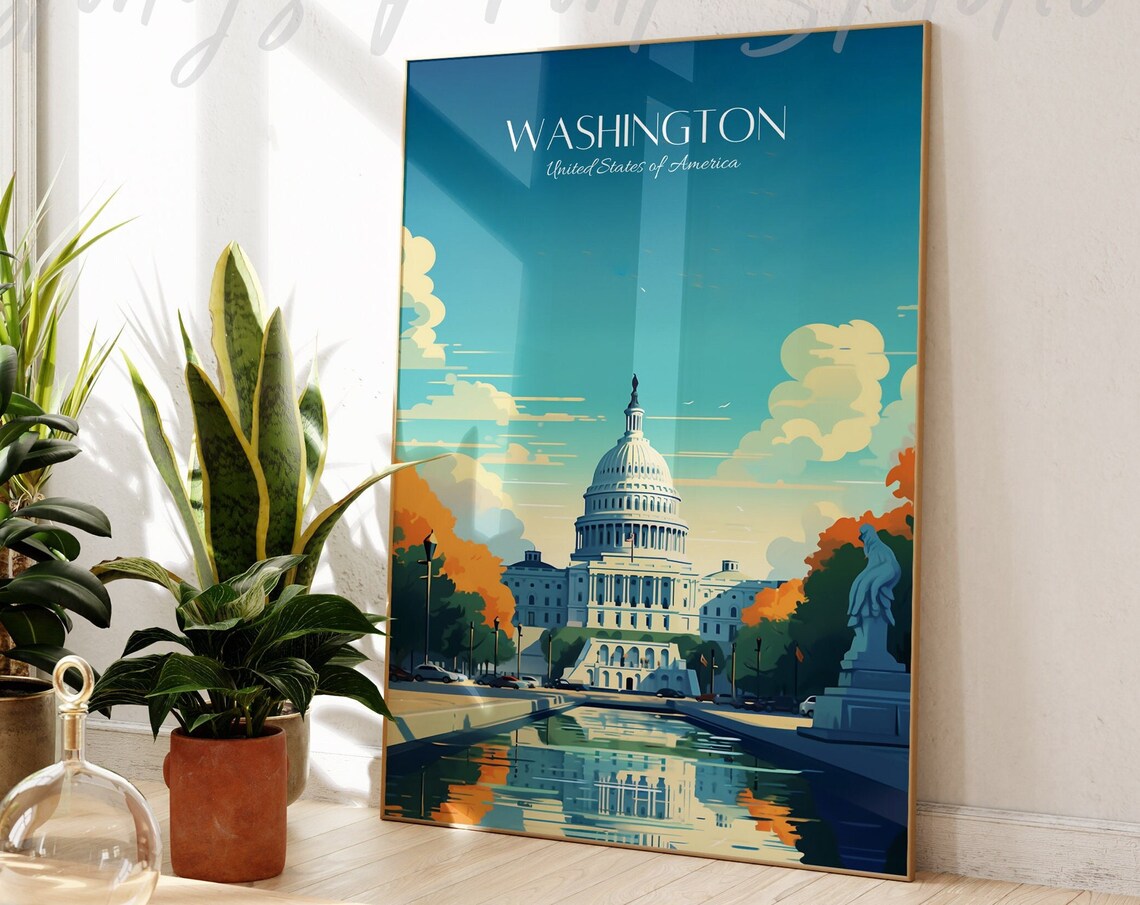 Washington DC Travel Poster US Capitol Dome Reflecting Pool Vintage Art
