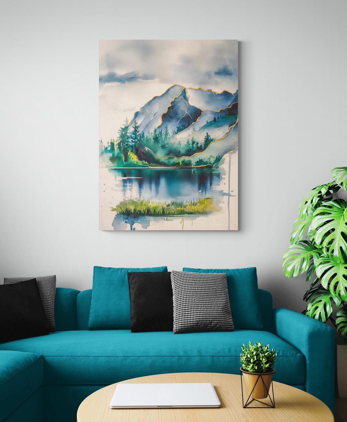 Watercolor Mountain Landscape Unframed Art With Peaceful Lake And Dripping Ink Effect For Nature Wall Decor Serene Wall Print - Image 3