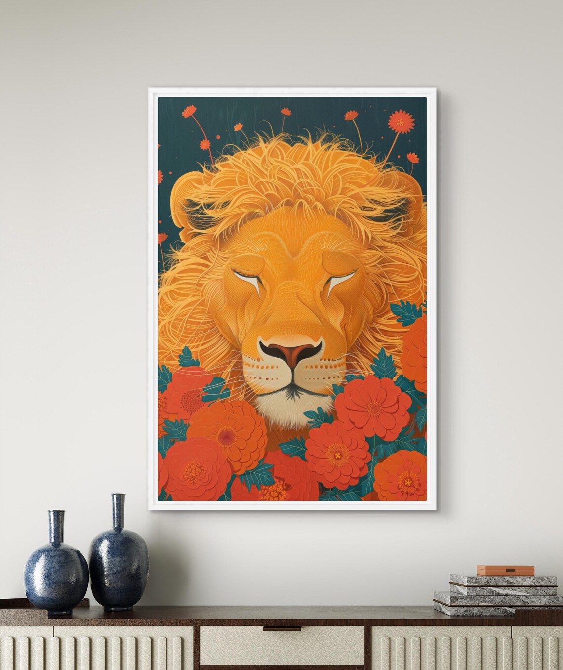 Sleeping Lion Face Surrounded by Red Flowers on Teal Background Art Print - Image 5