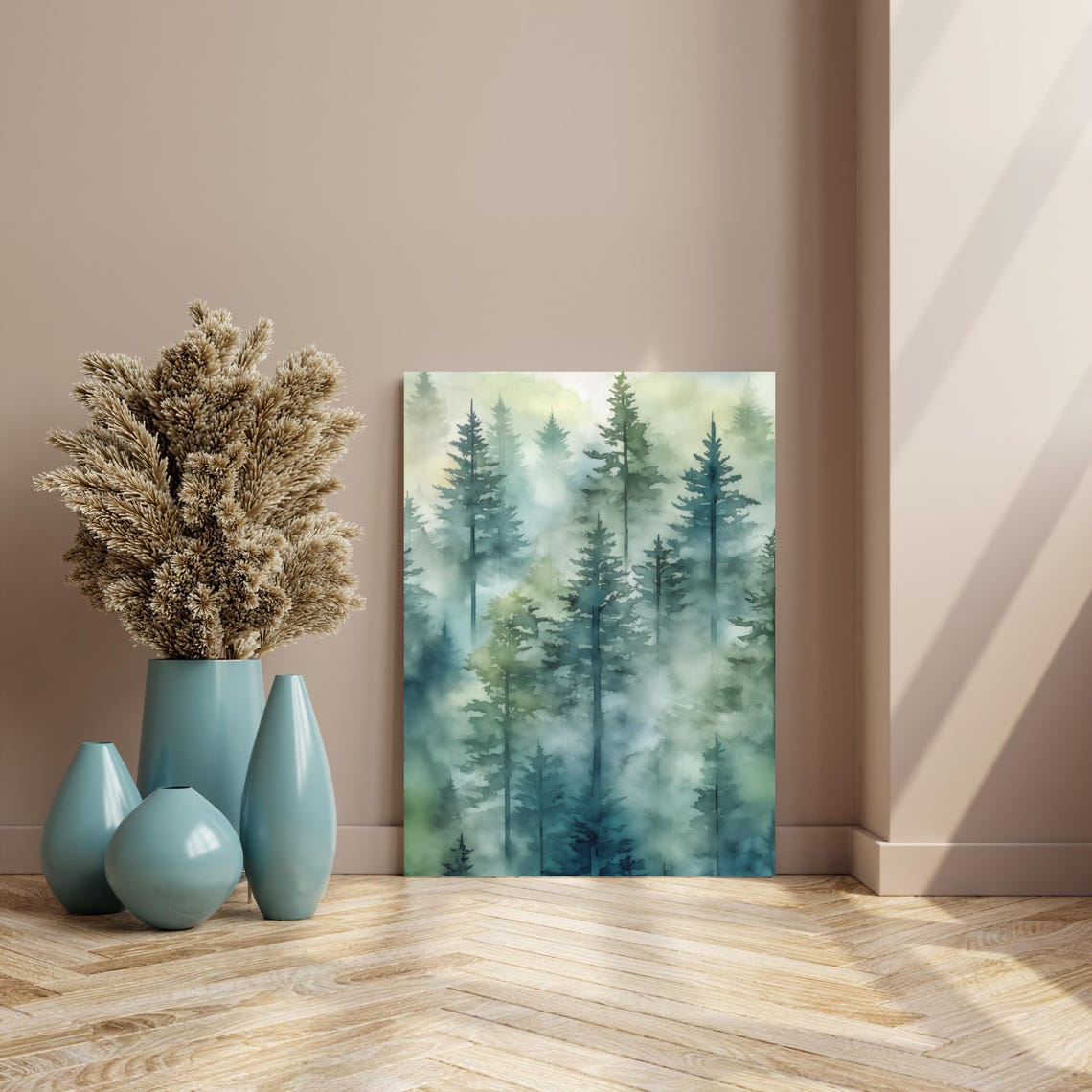 Misty Green Pine Forest Fog Moody Watercolor Nature Wall Poster - Image 4