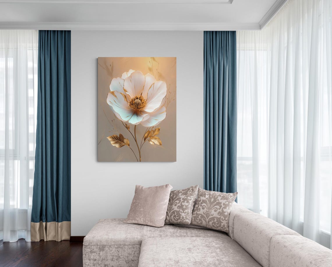 Elegant White Flower With Gold Petals Botanical Luxury Wall Art Poster - Image 4