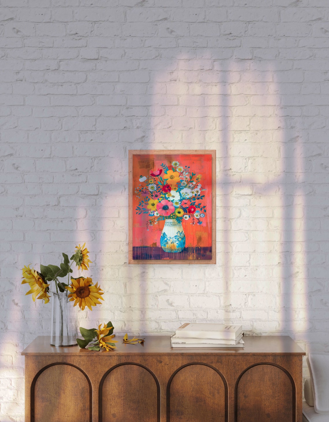Vibrant Wildflower Bouquet in Blue Vase on Coral Background Art Poster - Image 5