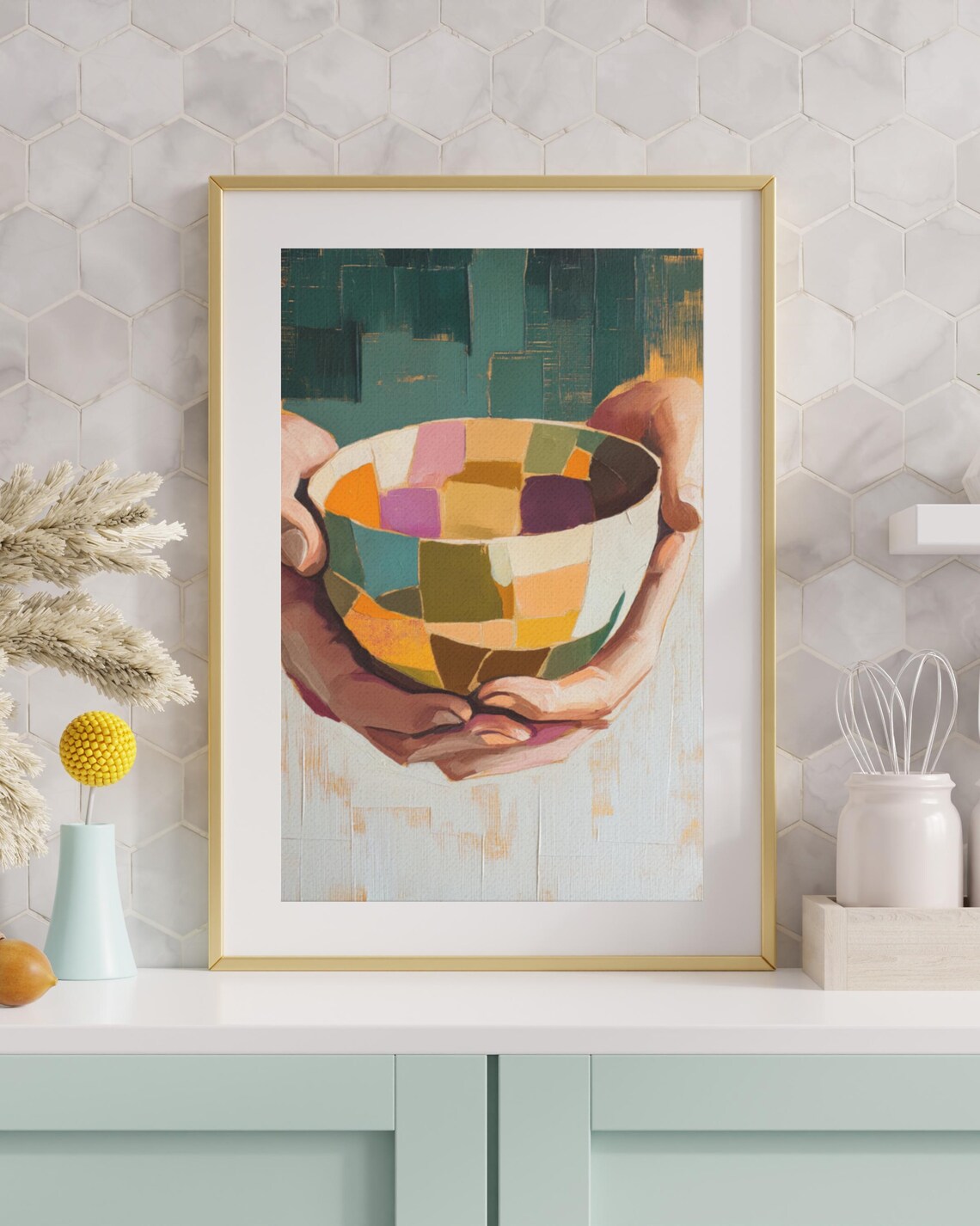 Kintsugi Bowl In Hands Mosaic Colorful Zen Contemporary Wall Art Poster - Image 4