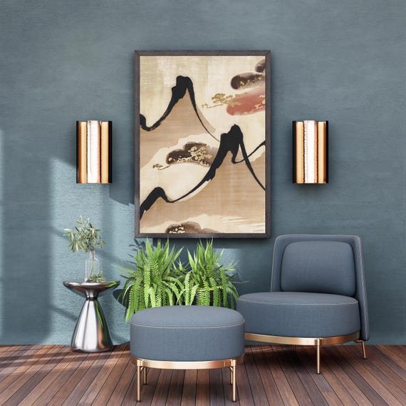 Abstract Japanese Mountain Art Sumi Ink Wall Art Wabi Sabi Wall Decor Vintage Japanese Print Ink Wash Wall Art