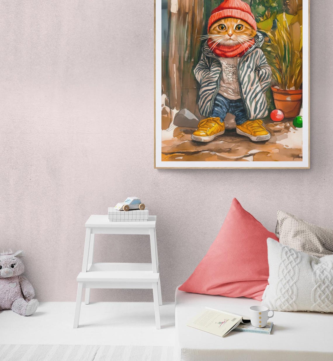 Cool Cat Winter Outfit Red Beanie Striped Jacket Funny Cat Poster - Image 5