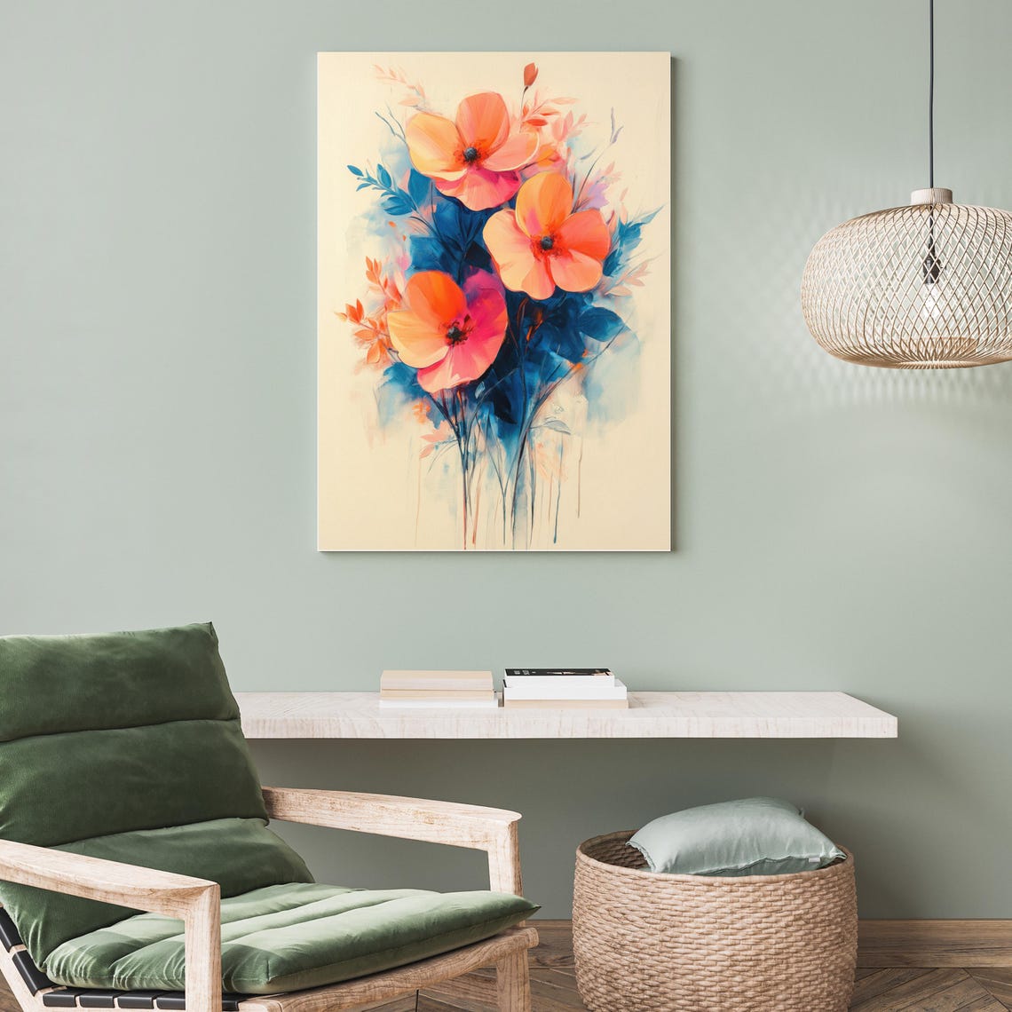 Bold Orange Poppy Flowers Blue Foliage Abstract Watercolor Poster - Image 3