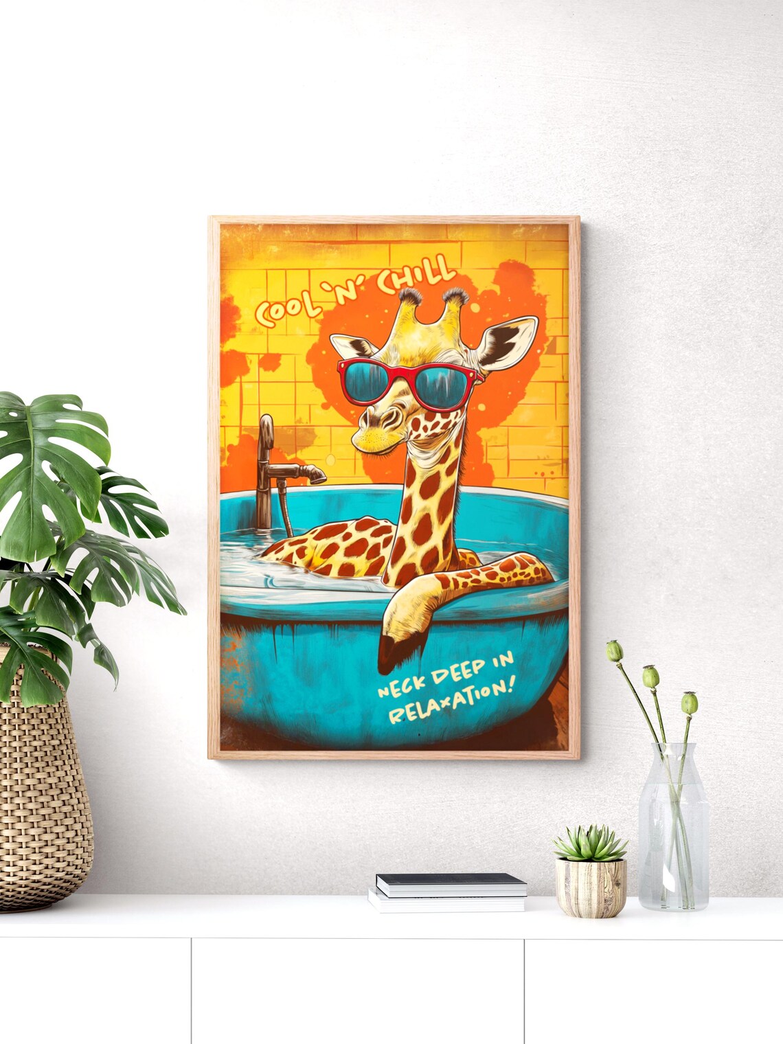 Cool Giraffe With Sunglasses Relaxing in Blue Bathtub Funny Animal Poster