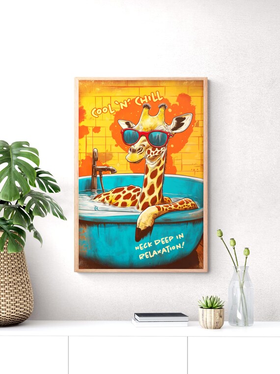 Cool Giraffe With Sunglasses Relaxing in Blue Bathtub Funny Animal Poster