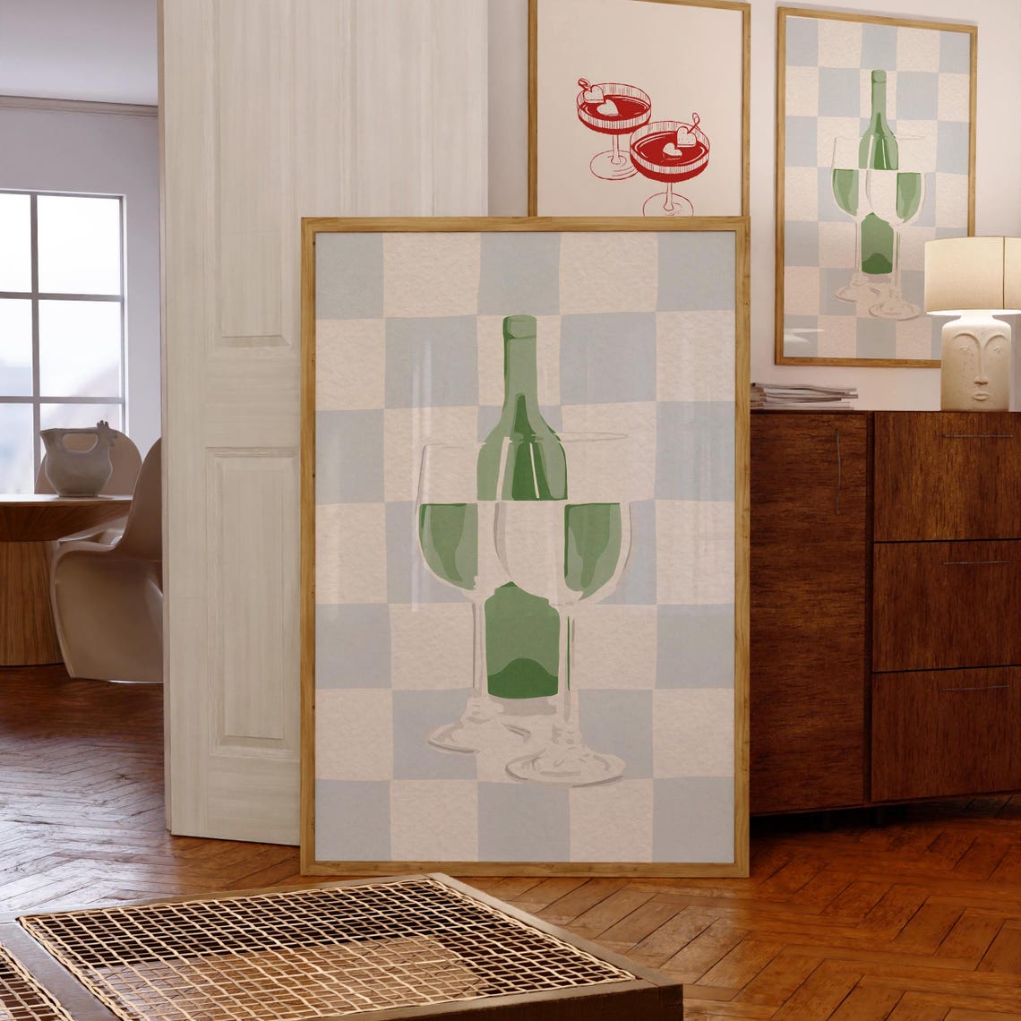Wine Bottle and Two Glasses Checkered Modern Kitchen Bar Art Poster