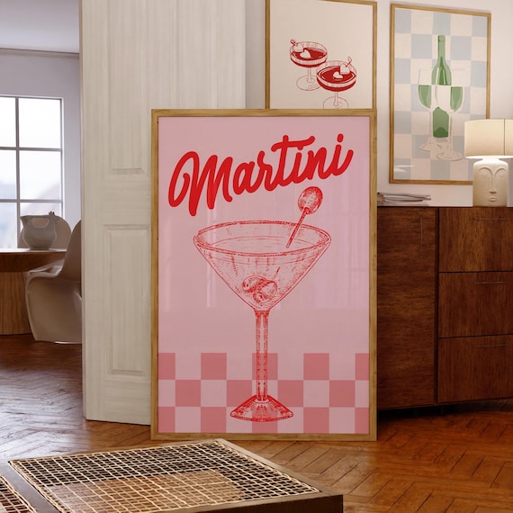 Martini Pink Retro Script Cocktail Glass Checkerboard Poster