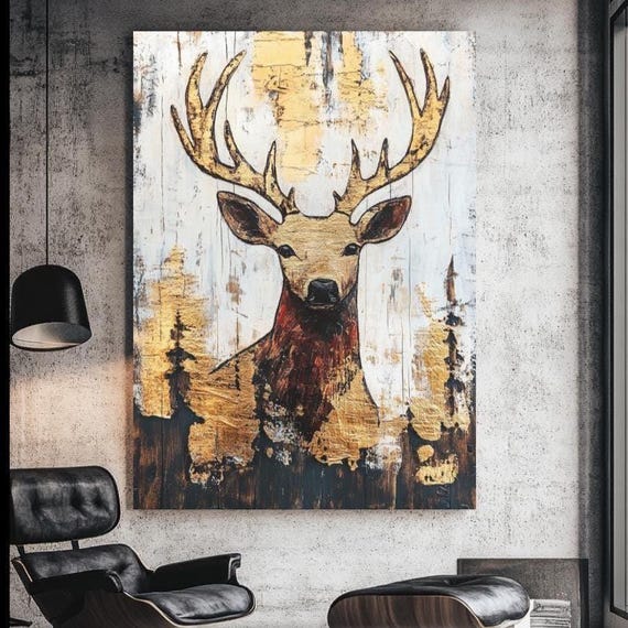 Rustic Gold Deer Canvas Art Modern Farmhouse Animal Print Bold Stag Wall Decor Masculine Hunting Lodge Cabin