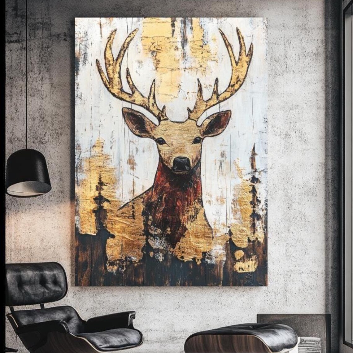 Golden Stag Deer Antlers Wildlife Canvas Rustic Cabin Lodge Print