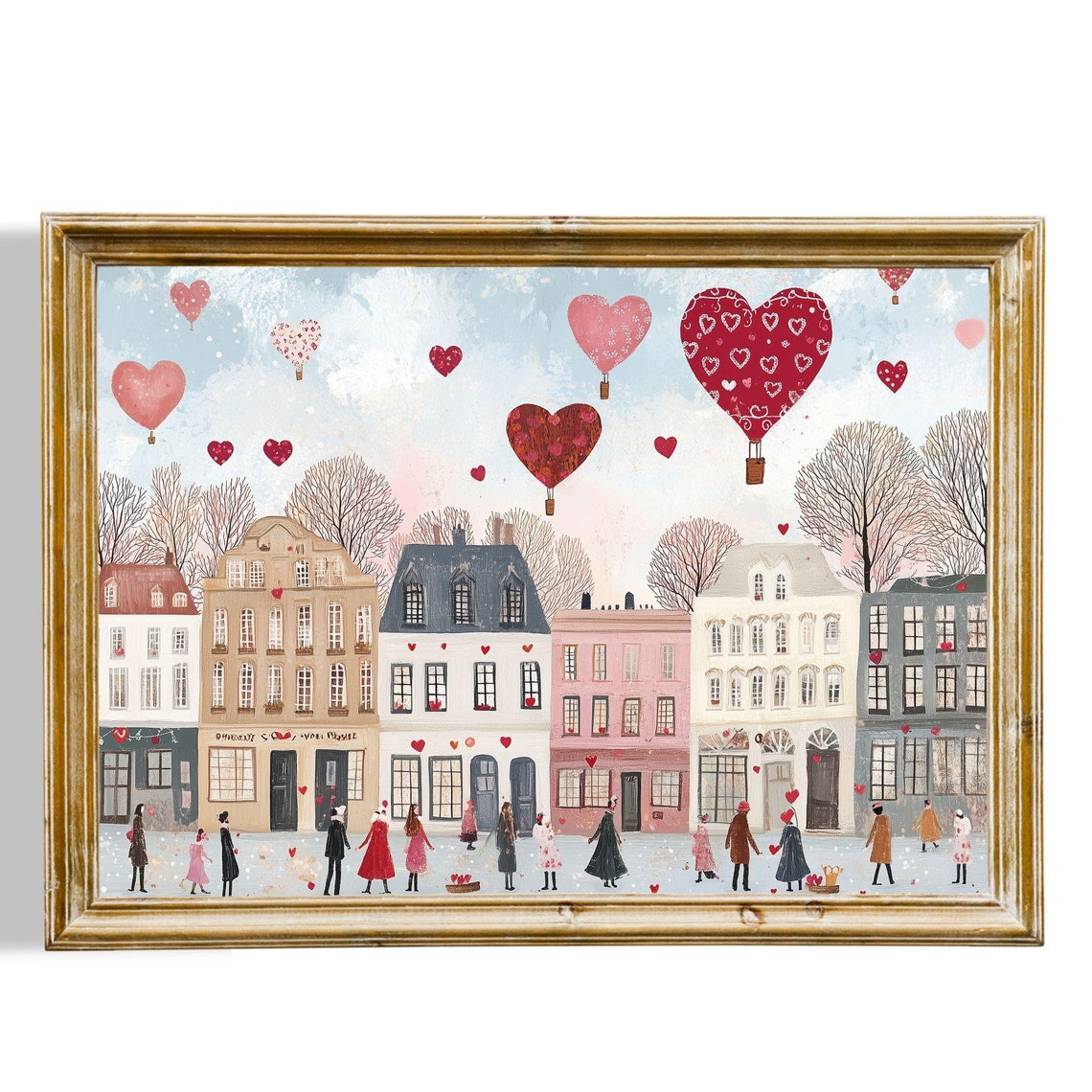 Heart Hot Air Balloons Over Valentine Town Square Romantic Poster