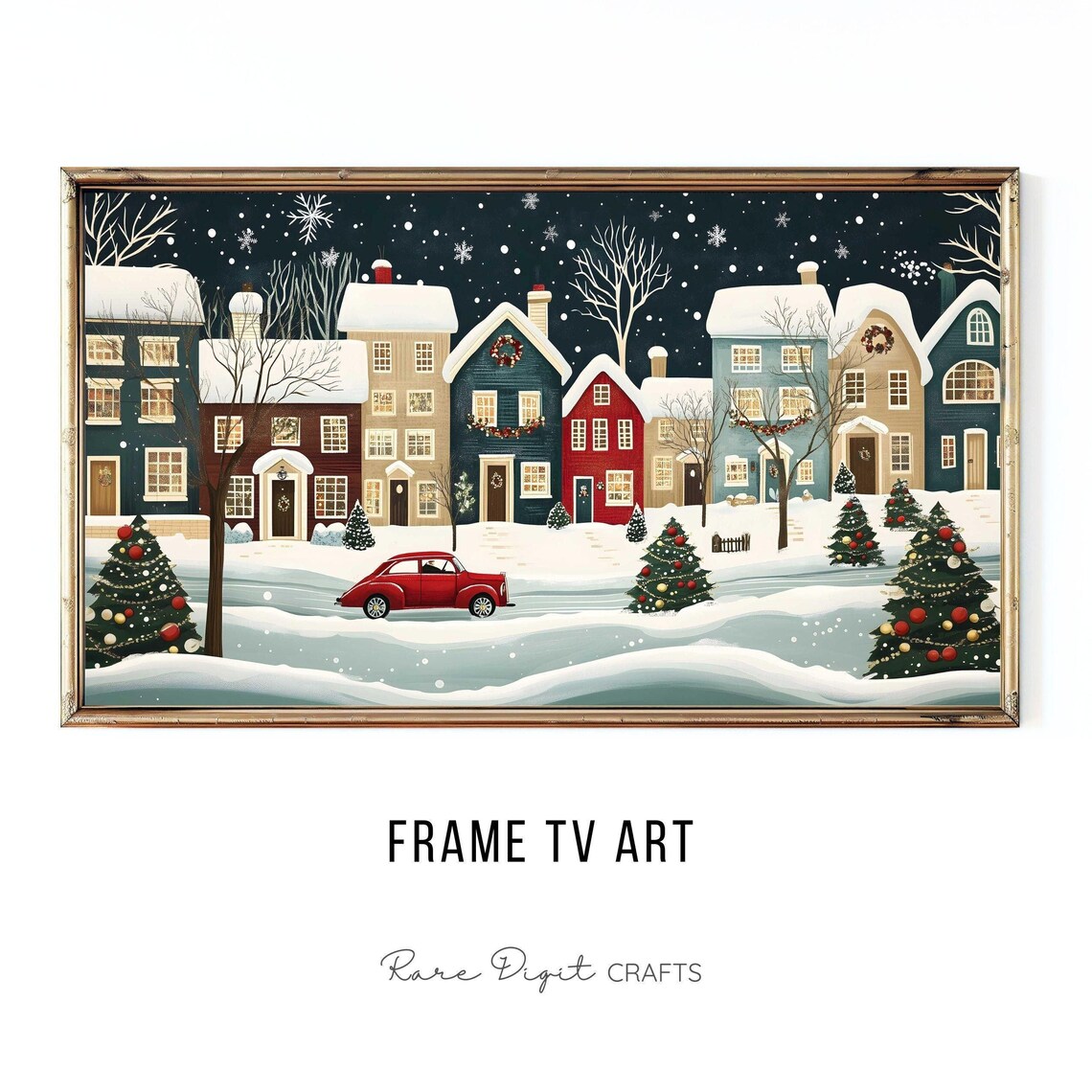 Christmas Town Night Snowy Village Red Vintage Car Holiday Poster
