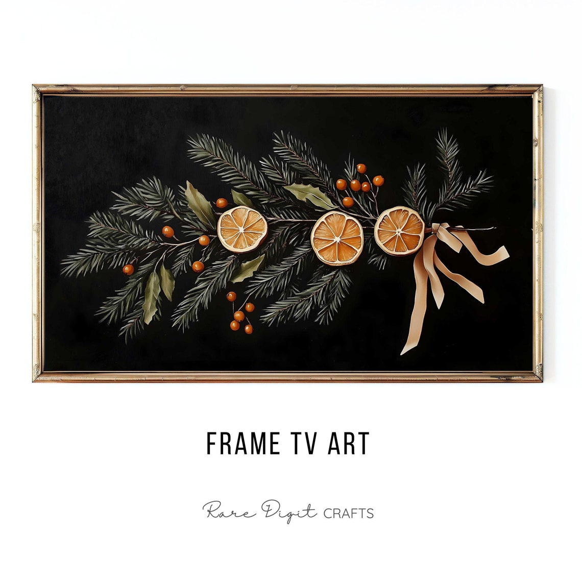 Moody Christmas Garland Pine Dried Orange Berries Black Art Poster