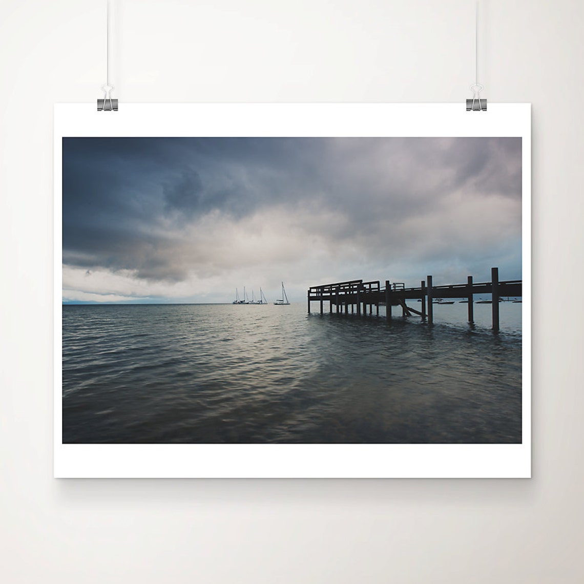 Stormy Lake Tahoe Pier Photography Print with Sailboats on the Water