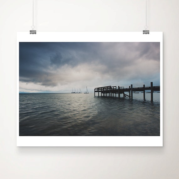 Lake Tahoe Sunrise Photograph Stormy Sky Boat Print Wilderness Art