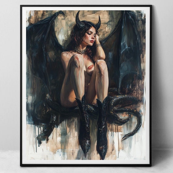 Lilith Nude Goddess Fantasy Art Print, Horned