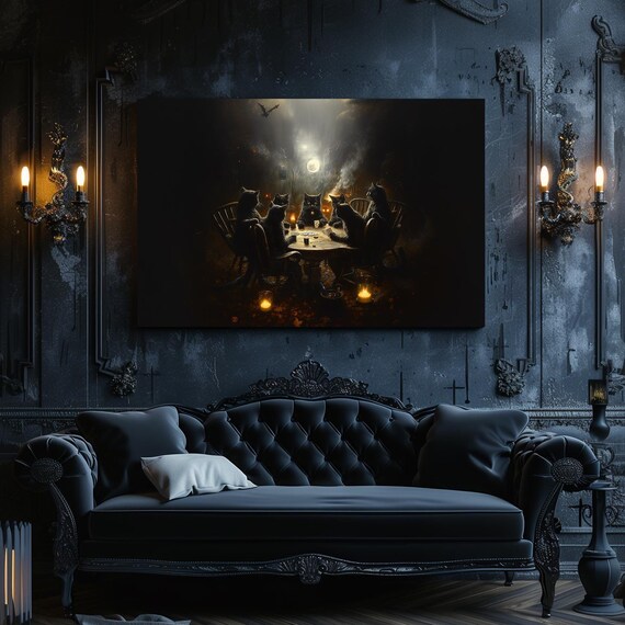 Seven Black Cats Playing Poker Under Moonlit Halloween Sky Poster