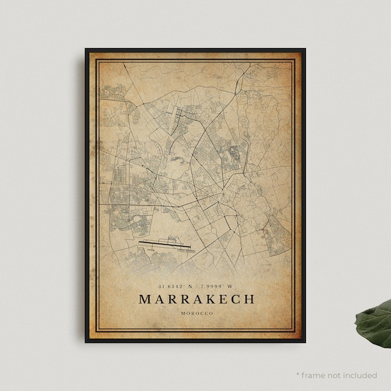 Vintage Marrakech Morocco Sepia City Map Antique Style Travel Wall Decor Poster