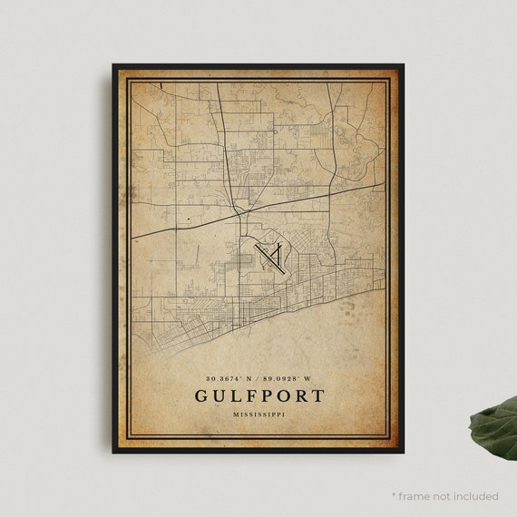 Gulfport Vintage Map Print, Mississippi Travel Poster
