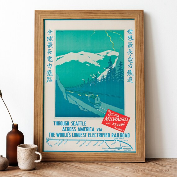 Seattle Across America Electrified Railroad Vintage Travel Poster