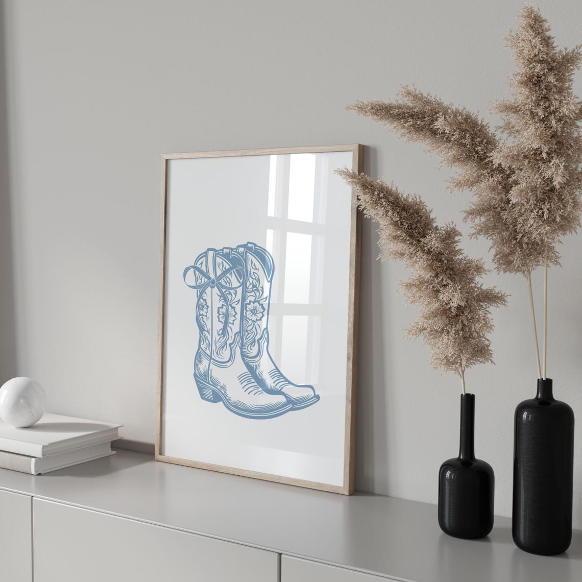 Blue Cowgirl Boots Western Floral Sketch Minimalist Wall Art - Image 3