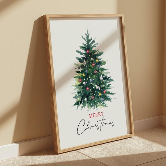 Merry Christmas Watercolor Tree Red Gold Ornaments Holiday Wall Art