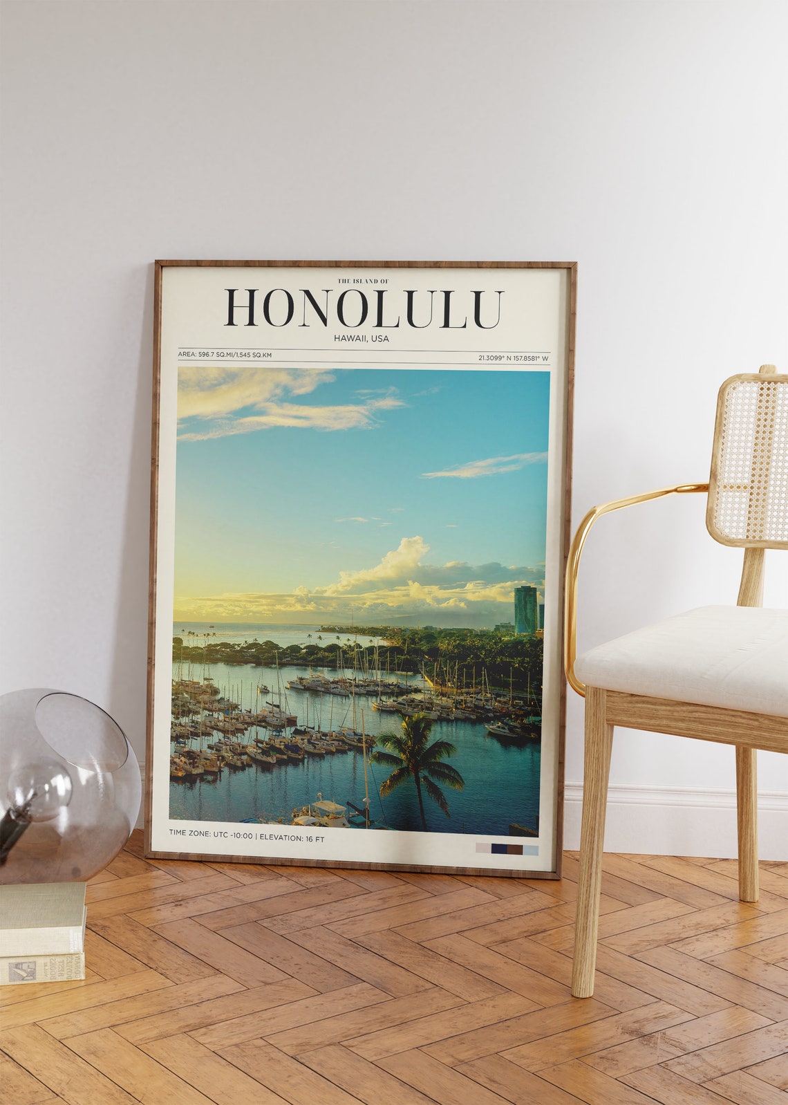 Honolulu Hawaii Marina Sunset Boats Palm Harbor Island Travel Poster - Image 2