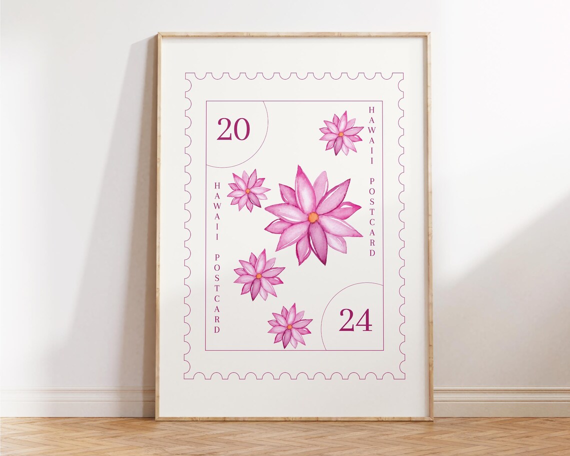 Hawaii Postcard Pink Floral Watercolor Botanical Stamp Wall Art Poster - Image 2