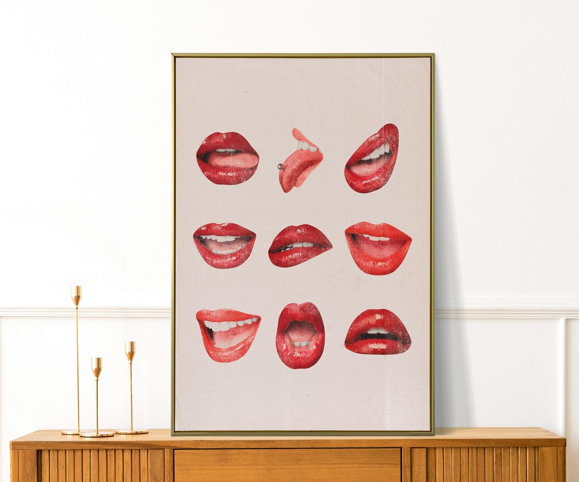 Retro Red Lips Kiss Marks Grid Vintage Makeup Pop Art Wall Poster - Image 4