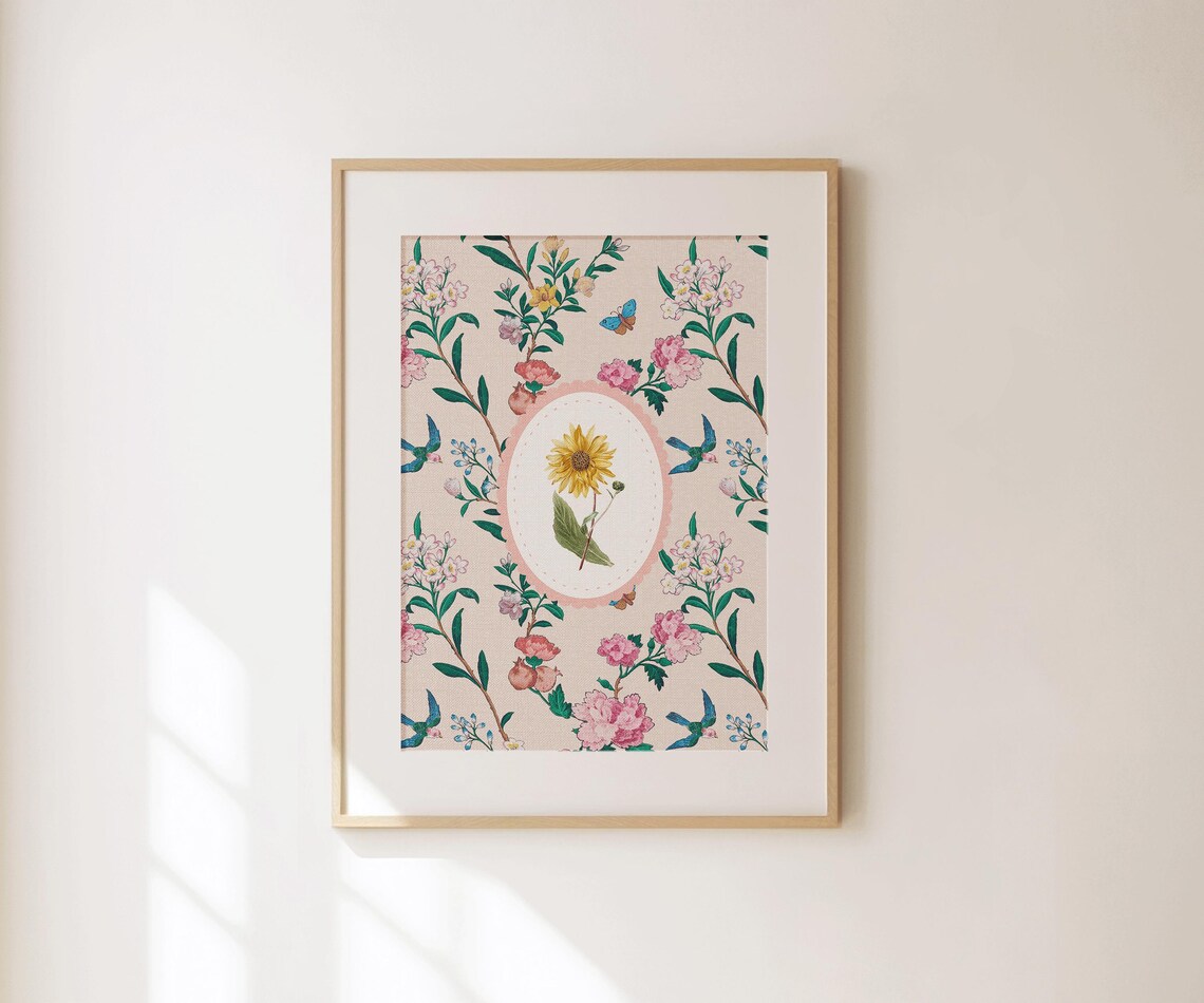 Vintage Sunflower Cameo Chinoiserie Floral Botanical Wall Art Print - Image 4
